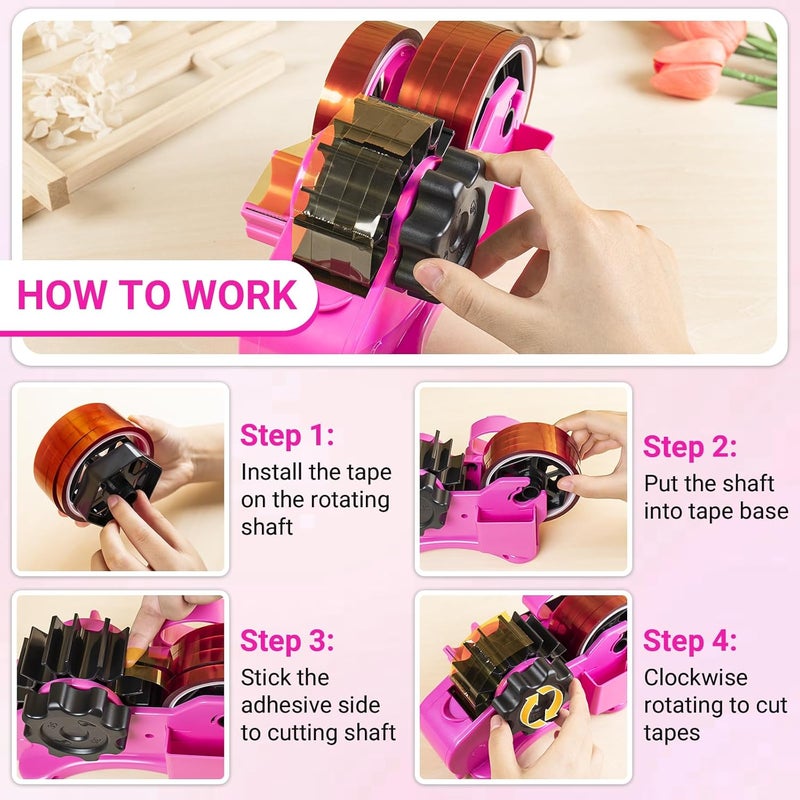 ThinkLearn Heat Tape Dispenser - Sublimation Heat Transfer Tape Dispenser with Scissors and Utility Knife, 1 '' & 3'' Core, Multi-Roll Pre-Cut Tape Dispenser for Crafting, PreCut 1.4'' Pieces, Pink - Image 4
